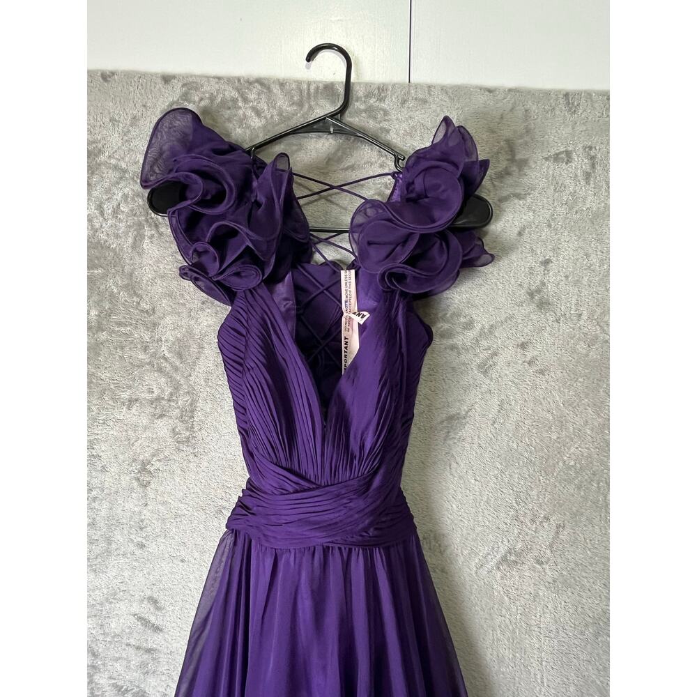 Mac Duggal Purple Ruffle Tiered Chiffon Cut-Out Evening Gown Maxi Dress 8 New - Picture 2 of 12